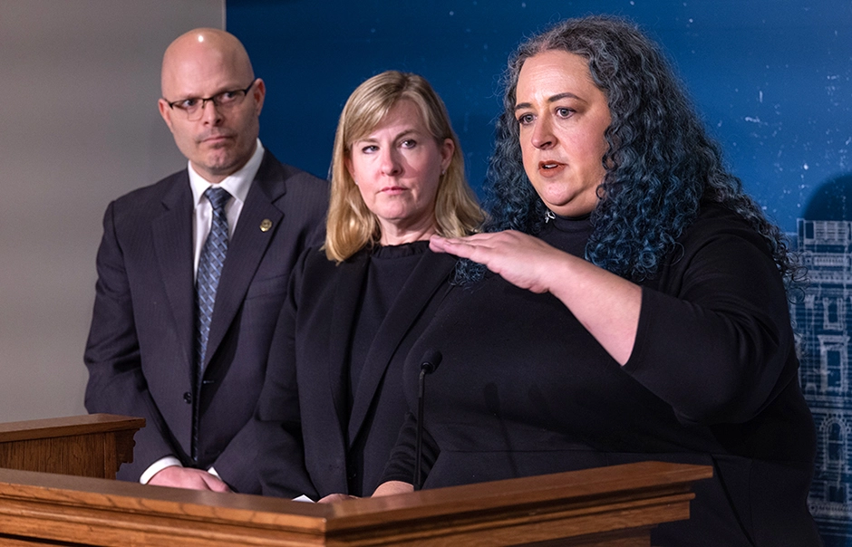House Taxes Committee chair Aisha Gomez, far right, speaking at Monday's press conference, as state Rep. Dave Lislegard and House Speaker Melissa Hortman look on. MinnPost photo by Tom Olmscheid