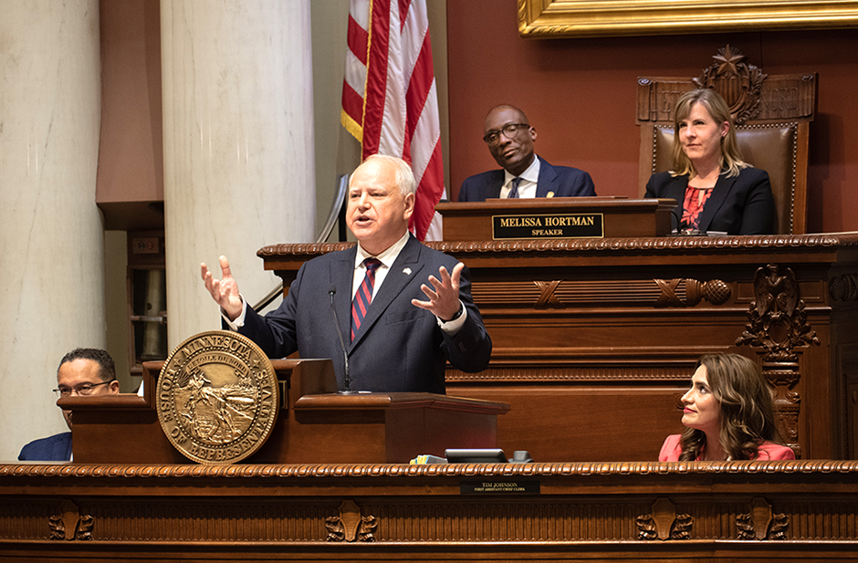 Gov. Tim Walz giving the State of the State address to a joint session of the legislature in the House Chamber on Wednesday. MinnPost photo by Tom Olmscheid