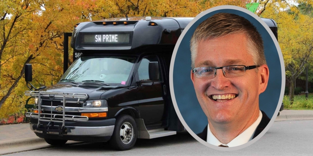 headshot of Southwest Prime new CEO Erik Hansen superimposed over picture of Southwest Prime van by fall leaves