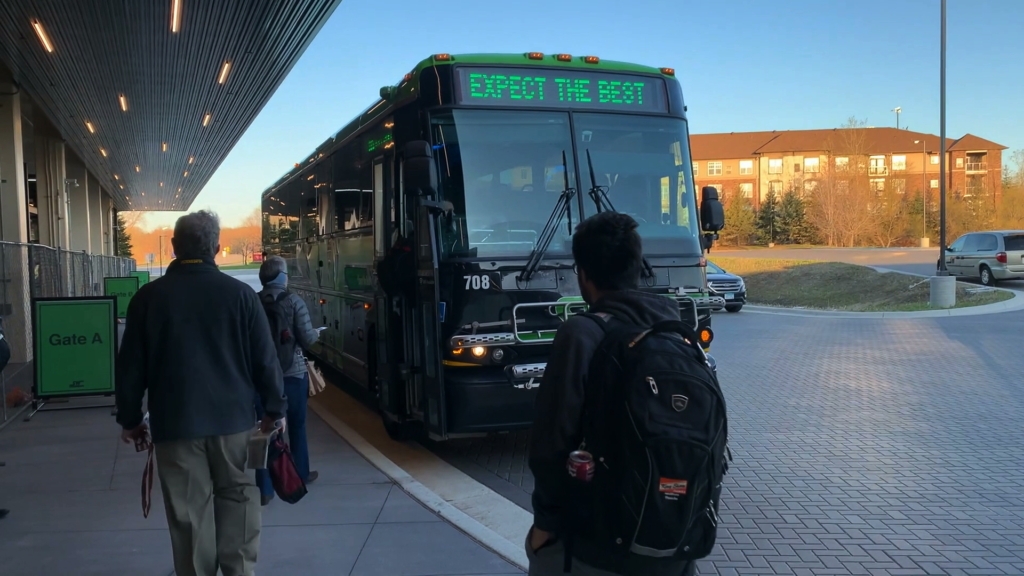 Passengers boarding SW Transit bus for Route 695 at 6:45 a.m. May 1. The express bus originated at Creek Side Station, Chaska and is on its way to the U of MN.