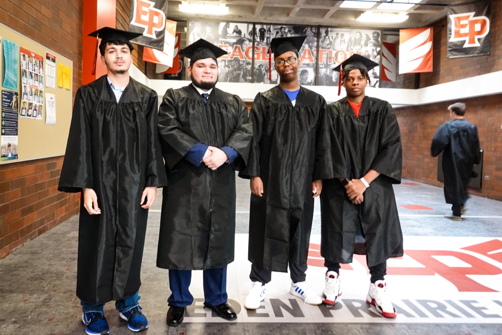 EPHS seniors (from left) Chady Dyab, Cesar Cortes, and Ishmael Mohamed gathered at the school before boarding buses for the graduation ceremony at Target Center. Dyab will attend Normandale College for computer science, Cortes is taking a gap year before pursuing a medical career, and Mohamed will start at Normandale before pursuing a four-year degree in IT. Photos by Gretchen Haynes