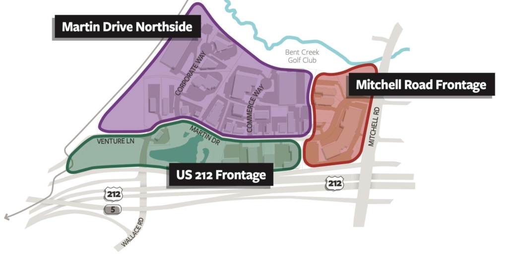 The city’s long-range plan called Aspire 2040 – including this map from the plan – puts emphasis on potential future redevelopment of the Martin Drive area, located north of Highway 5 and west of Mitchell Road.