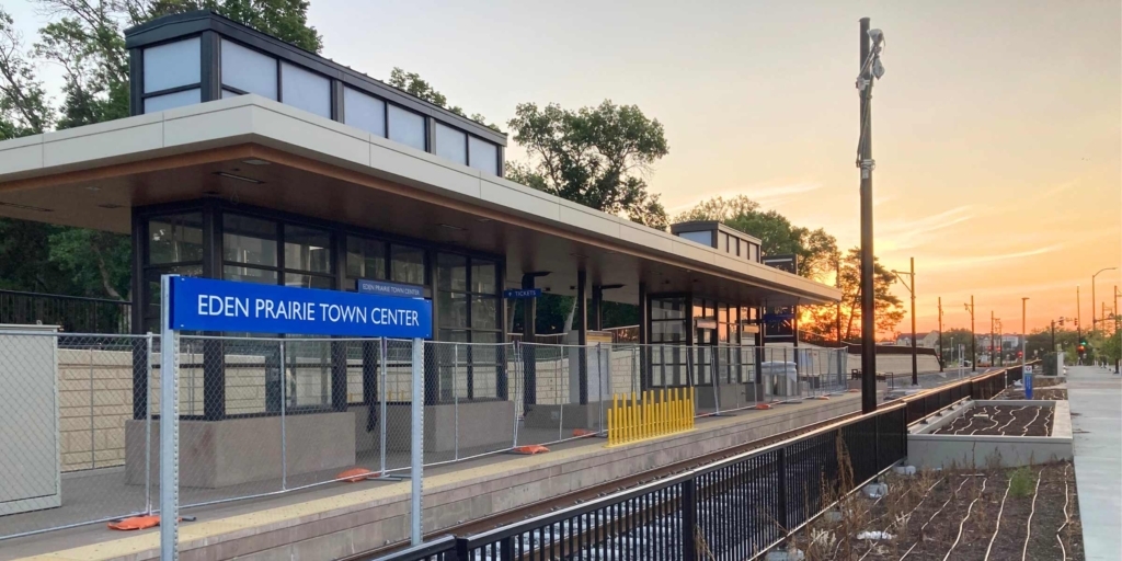 Progress on the Metro Green Line Extension is most apparent in the southwest suburbs, including at the Town Center Station in Eden Prairie. But these light-rail transit stations are expected to be fenced off and maintained until the line is operational in 2027. Photo by Mark Weber