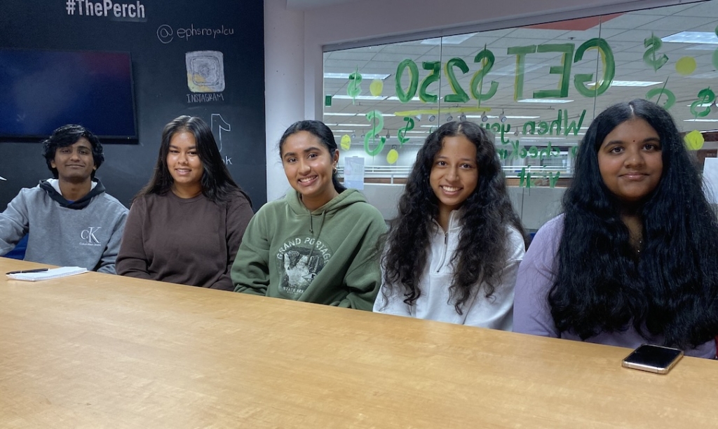 The 2023-24 Eden Prairie DECA officers are in charge of planning this year's powderpuff games. From left: Pranav Narayanen, vice president of membership; Abha Gupta, vice president of competition; Raven Acharya, president; Sabreen Khanikar, vice president of marketing; and Kerri Tutu, vice president of community service. Photo by Stuart Sudak