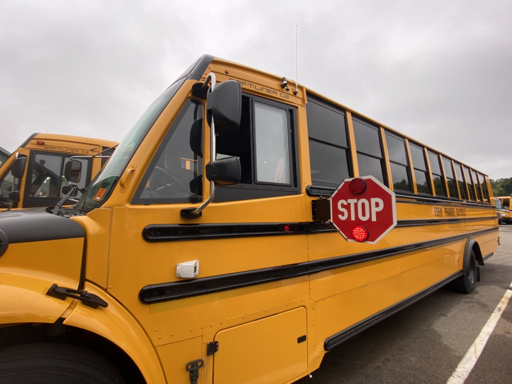 All 104 of EP Schools' buses are now fitted with cameras. This is a photo of one of the buses with the stop arm deployed.