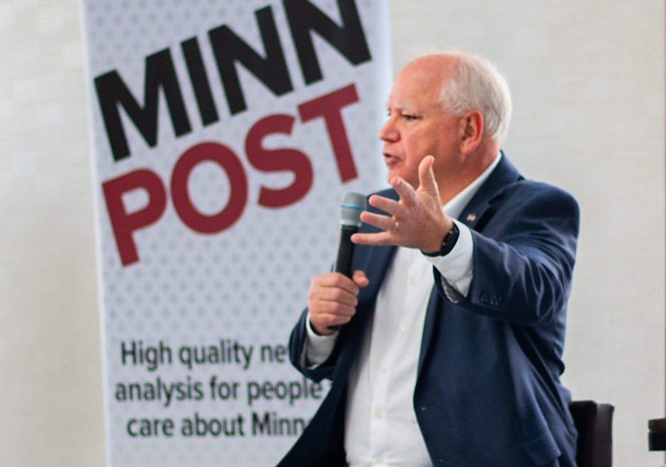 Gov. Tim Walz speaking during the 2023 MinnPost Festival.