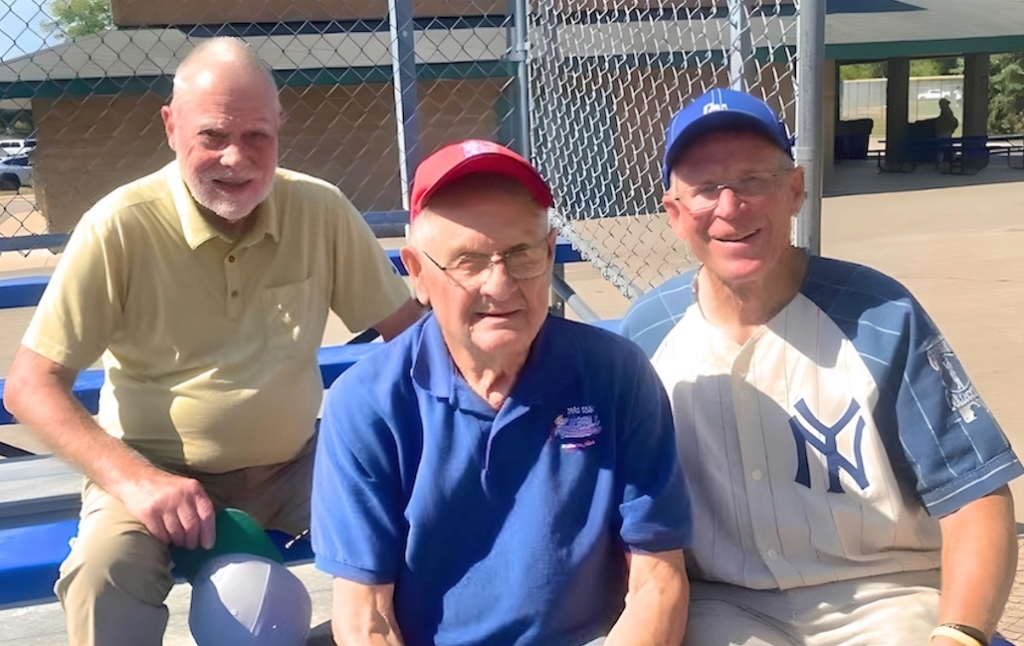 From left, Frank Johnson, Gene Bartz, and West Metro Senior Softball Commissioner Bob Hartshorn enjoy the games at Miller Park on Aug. 31. Photos by Ben Kopnick