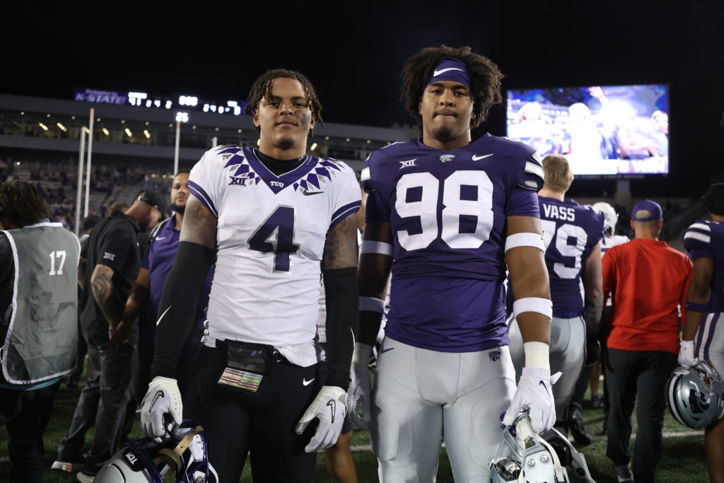 TCU's Namdi Obiazor (left) with his brother Chiddi, a freshman at Kansas State, after the Horned Frogs clash with the Wildcats last October in Manhattan, Kansas. Photo by Austin Van Meter, K-State Athletics