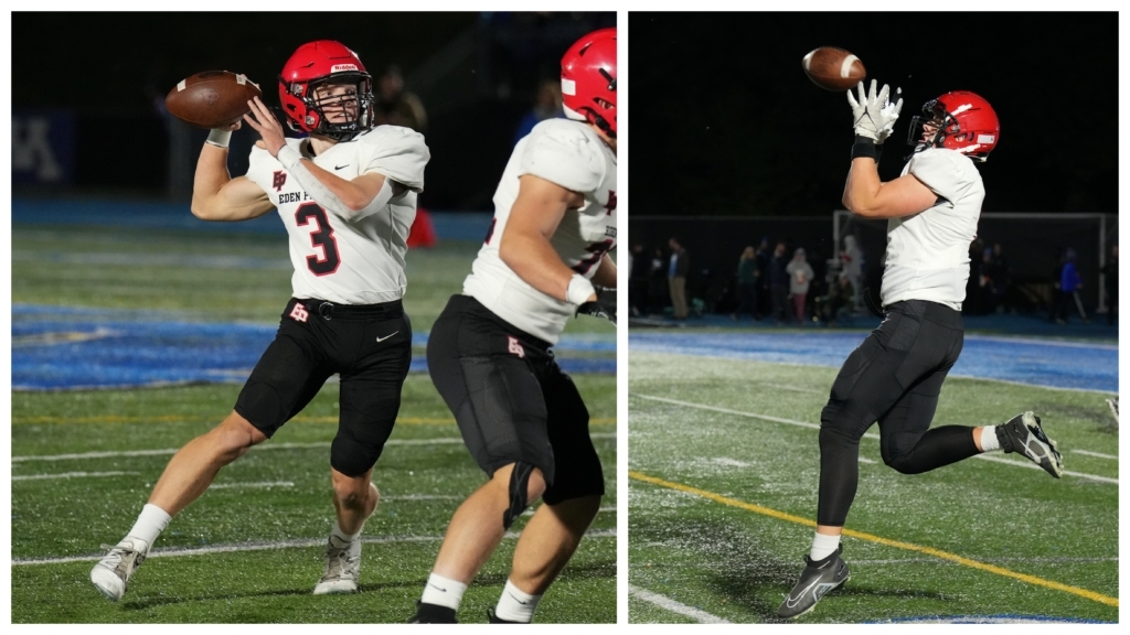 Eden Prairie quarterback David Ivey (left) delivers a 28-yard touchdown pass to tight end Dennis Rahouski (right) in the second quarter, extending the Eagles’ lead to 12-0. Photos by Rick Olson
