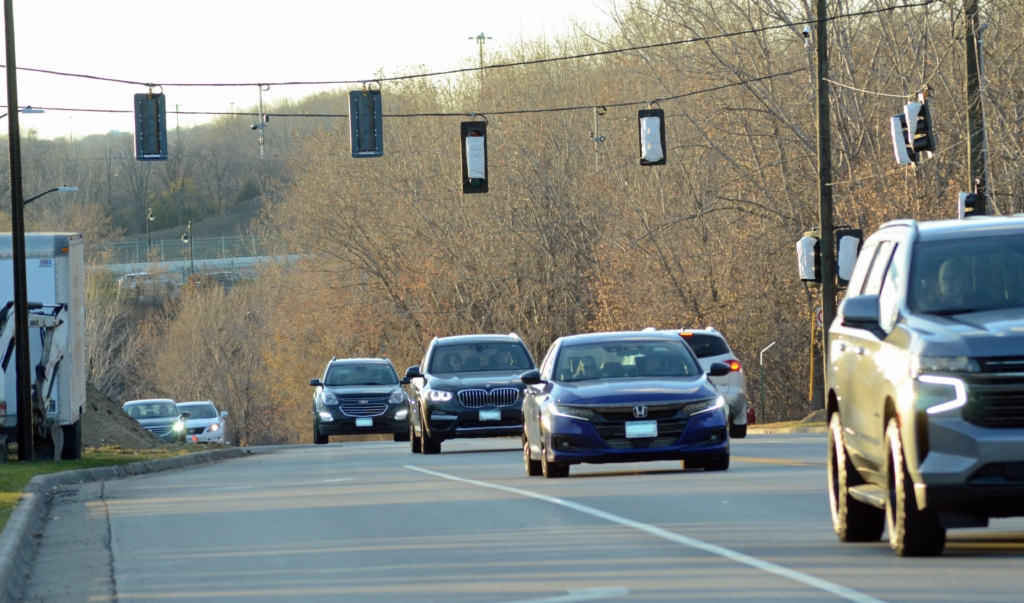 A new stoplight is being installed on Technology Drive at the western entrance to Costco. This view is looking west toward Prairie Center Drive.