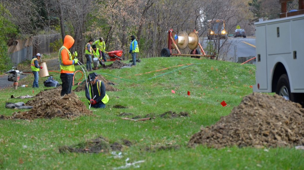 Workers buried fiber cable along Anderson Lakes Parkway recently.