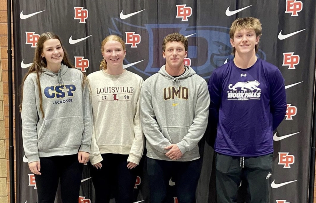 (L-R) Brooke Nicklaus, Caroline Larsen, Nick Thompson, and Zach Peta all signed NLIs on Nov. 8. Contributed photo