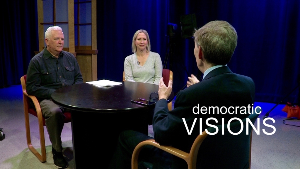 Photo of EPLN reporters Jim Bayer and Juliana Allen with guest host Mike McIntee at the BCAT TV Studio on November 2, 2023.
