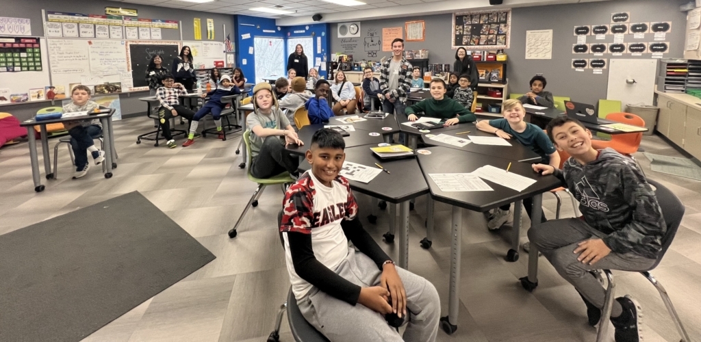 Eden Lake teacher Alyssa Cappelli's class with CSHS students (standing in back of room L-R) Lisa Thayil, Anisha Surily, Emily Weaver, Adam Colaianni, and Sophia Lin. Photo by Alyssa Capelli
