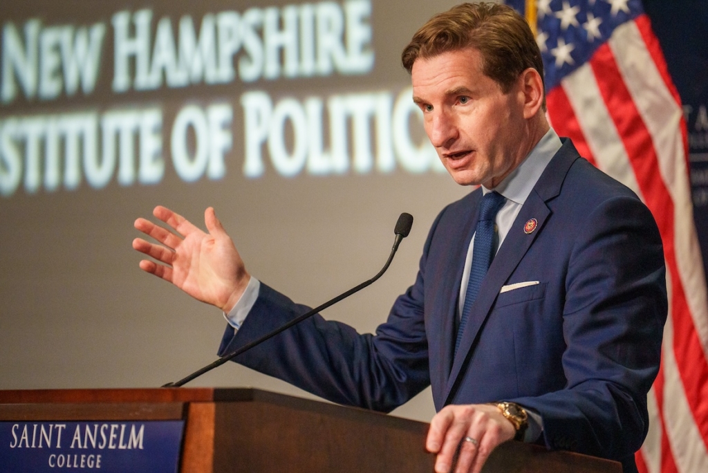 U.S. Rep. Dean Phillips addresses an audience at Saint Anselm College's New Hampshire Institute of Politics in Goffstown, New Hampshire, on Nov. 24, 2023, during his presidential campaign. The Institute, a hub for political discourse and analysis, is a notable landmark at the college. Photo courtesy of the Dean Phillips campaign