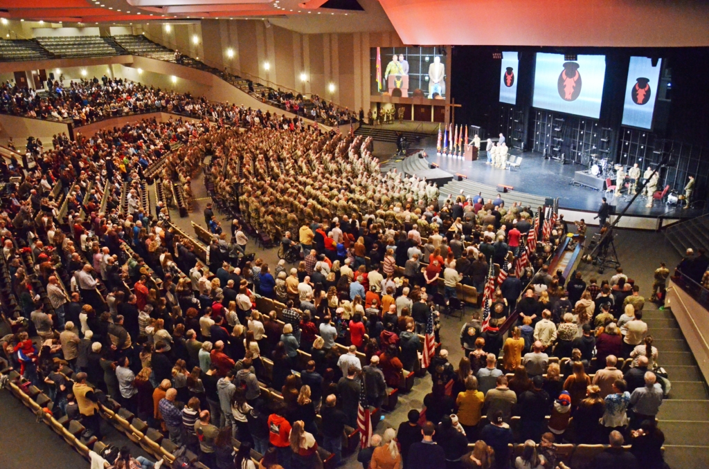 Grace Church was packed Feb. 1 with more than 550 soldiers and their families and friends at a deployment ceremony. Photo by Jim Bayer