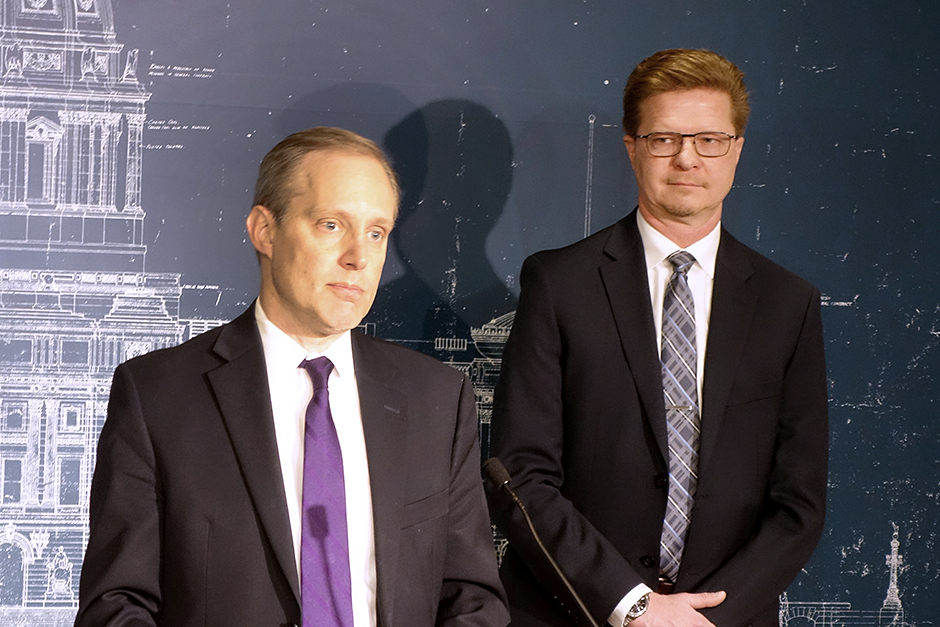 Secretary of State Steve Simon, shown at a press conference last week with election security navigator Bill Ekblad: “Minnesotans are not used to disclosing to the government their political affiliation. Thirty two states, they’re fine with that.” MinnPost photo by Peter Callaghan