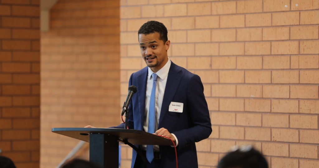 EPHS Principal Nate Gibbs speaks at a school event in November 2023. Photo by Brandon Mitchell / EP Schools