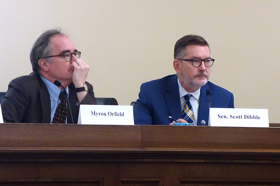 Myron Orfield and state Sen. Scott Dibble shown during the Jan. 10, 2024, meeting of the Metropolitan Governance Task Force. MinnPost photo by Peter Callaghan