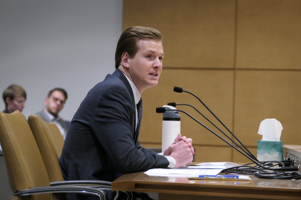 Sen. Grant Hauschild, DFL-Hermantown, testifies in front of the Senate Education Policy committee on Feb. 26. Hauschild is one of the lead authors of a bill that would expand child care subsidies. Photo by Madison McVan/Minnesota Reformer.