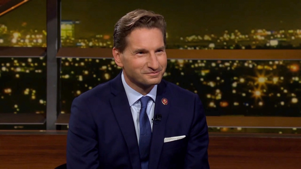 Dean Phillips talking to Bill Maher on the HBO TV show, "Real Time with Bill Maher," on Nov. 3, 2023, shortly after announcing his bid to run for president.