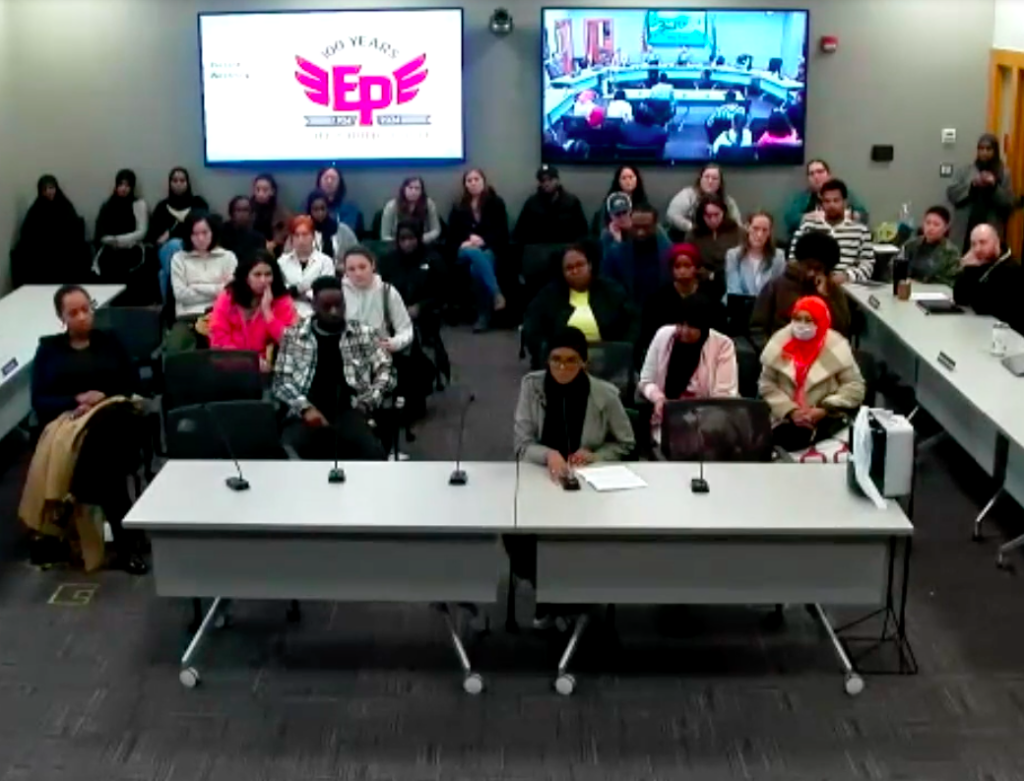 Iman Mohamoud addressed the Eden Prairie School Board in a public comment on Feb. 26. Source: Eden Prairie Schools board meeting video recording