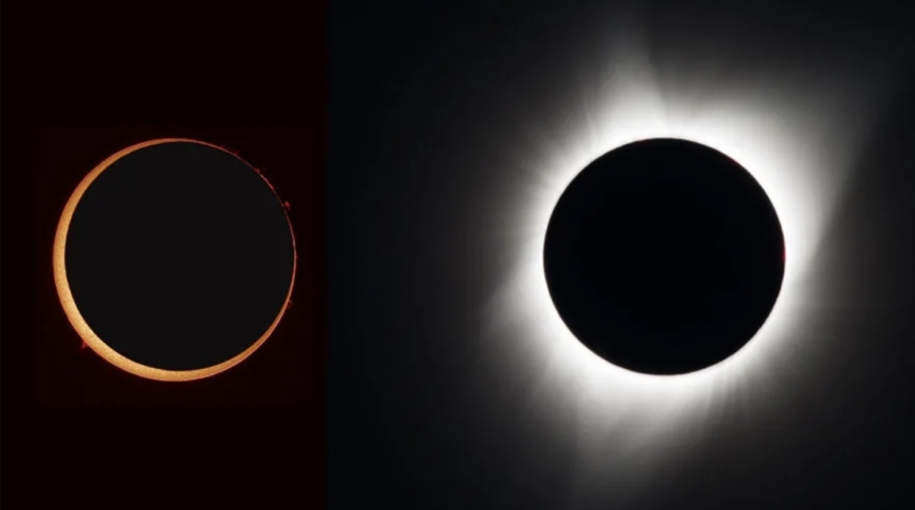 Annular solar eclipse, left, and a total solar eclipse. NASA image