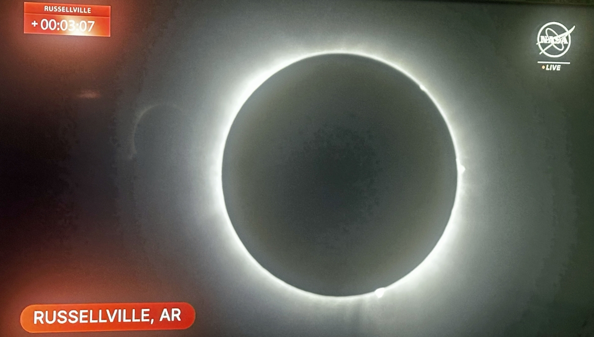 Solar eclipse totality on April 8 in Russellville, Arkansas, where the Nelsons' viewed the event. Image from NASA TV broadcast