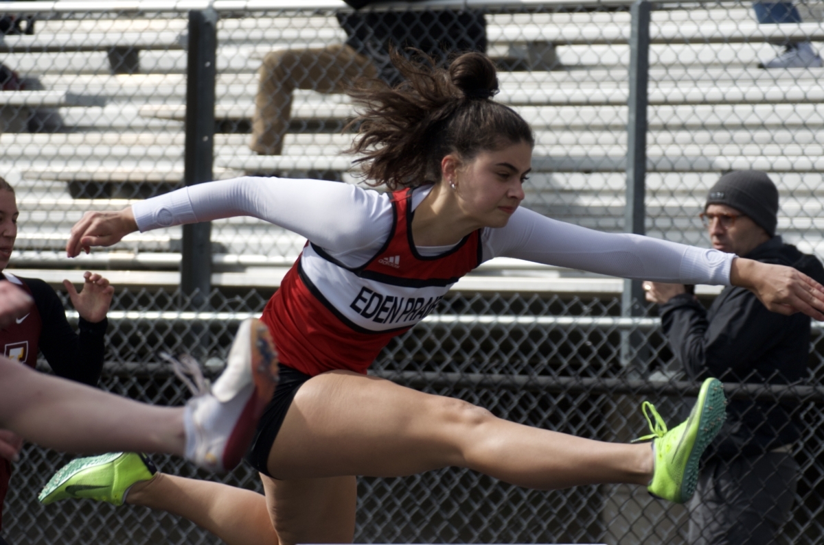 Madeline Kaufman was a member of the EPHS 4x 100 shuttle hurdle relay team which placed first at the April 18 Shakopee Relays. Photo by Mark Derouin
