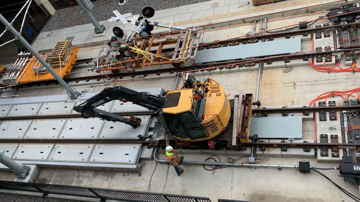 SouthWest Station work crew and equipment on tracks.