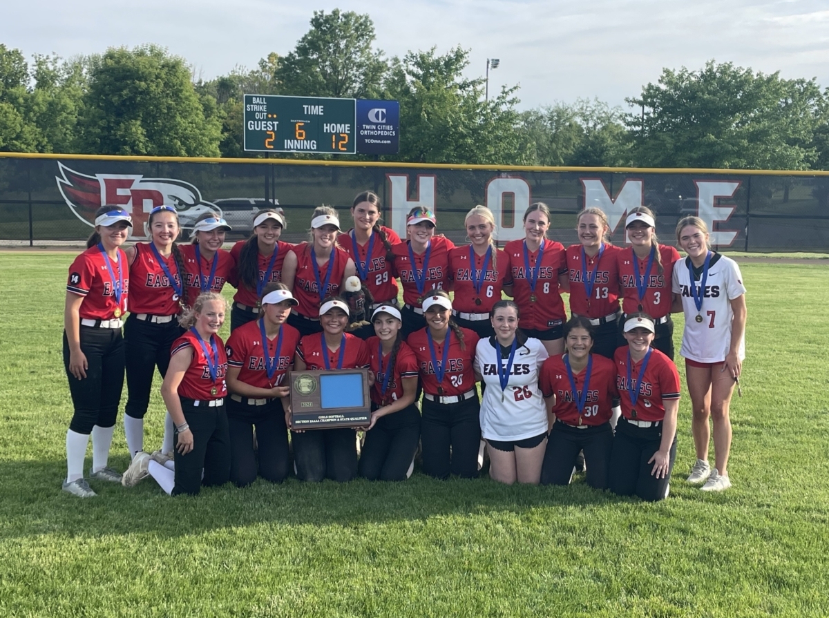 Section 2AAAA softball champions Eden Prairie Eagles: (Back l-r) Colette Camardello, Lily Liu, Lura Wojchik Maya Miller, Rose Weber, Noelle Fitzgerald, Natalie Black, Leilly Kjorness, Genevieve Streed, Addison Neiss, Macie Lahti, Zoe Hendrickson; (front l-r) Marin Herrig, Rose Neuman, Alex Hall, Ayana Lombardy, Carli Archuleta, Alyza Sutherlin, Josie Blakely, Taelyn Hall. Photo by Jen Bayer