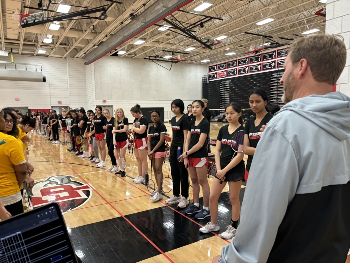 Eden Prairie High School's spring 2024 girls badminton team, with coach John Becker at right. Submitted photo