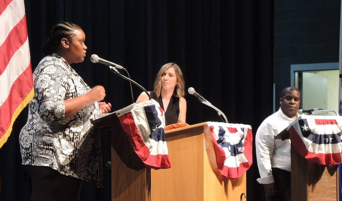 Finalists debate during the 2018 Great American Think-Off in New York Mills, Minnesota, an annual event celebrating public discourse on thought-provoking topics. Submitted photo