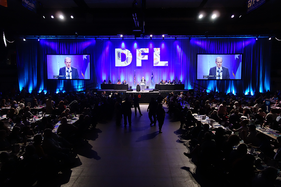 Secretary of State Steve Simon shown speaking at the 2024 State DFL Convention in Duluth this past weekend. Credit: MinnPost photo by Peter Callaghan