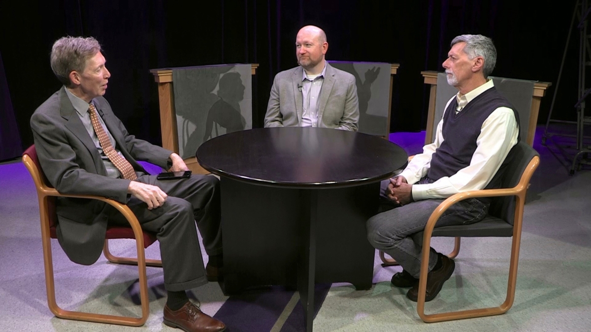 Mike McIntee, Jonathan Kealing and Mark Weber at Bloomington's BCAT television studio.