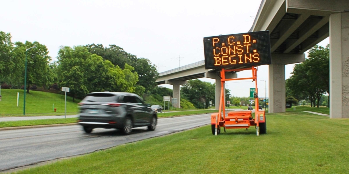 An electronic sign on Prairie Center Drive alerts motorists to the repaving project that will affect traffic starting the week of June 24. Photo by Mark Weber