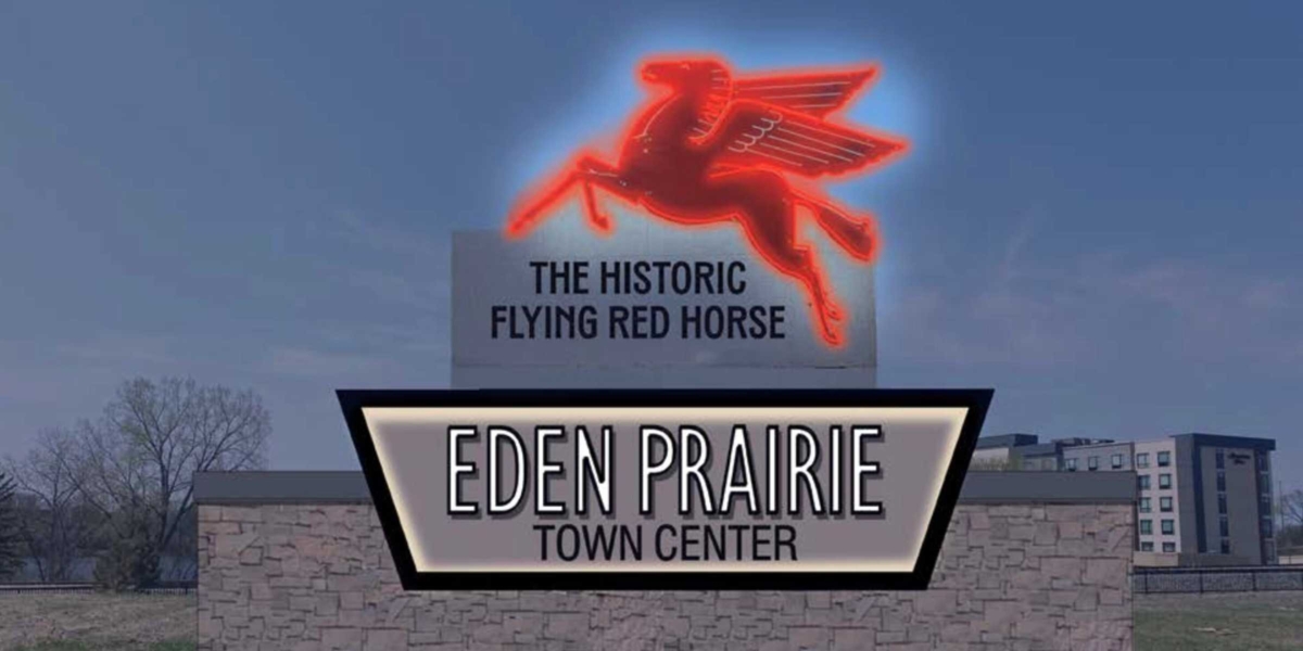 A design and consulting firm called WSB came up with this concept for a new Flying Red Horse monument at Flying Cloud Drive and Town Center Place in Eden Prairie. Rendering courtesy of the City of Eden Prairie