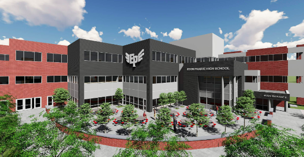 Artist's rendering of exterior brick color updates to Eden Prairie High School's South Entrance (the new plaza will be part of a future update). Image by Eden Prairie Schools