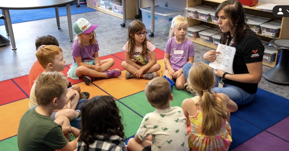 EP Schools kindergarten students learning with their teacher. Photo by Eden Prairie Schools 