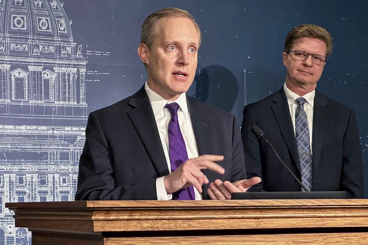 FILE - Minnesota Secretary of State Steve Simon discusses election security challenges during a news conference at the State Capitol in St. Paul, Minn., Jan. 18, 2024. (AP Photo/Steve Karnowski, File)