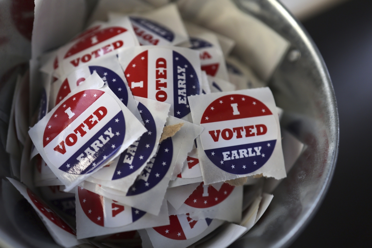"I Voted Early" stickers sit in a bucket by the ballot box at the City of Minneapolis early voting center, Thursday, Sept. 19, 2024, in St. Paul, Minn. In-person voting in the 2024 presidential contest begins Friday in three states, including Democratic vice presidential candidate Tim Walz's home state of Minnesota, with just over six weeks left before Election Day. (AP Photo/Adam Bettcher)