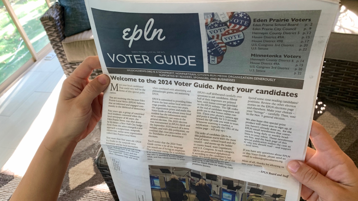 The 2024 Voter Guide produced by Eden Prairie Local News (EPLN) is scheduled to be delivered to local mailboxes during the first week of October. Photo by Jeff Strate