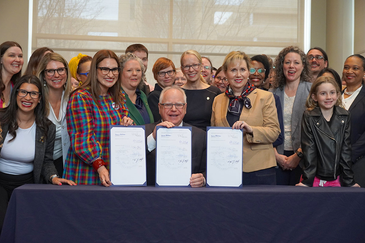 Gov. Tim Walz signed three bills into law on April 27, 2023, protecting people seeking or providing abortions in Minnesota, banning the practice of conversion therapy, and protecting people seeking or providing gender-affirming health care in Minnesota. Credit: Office of Governor Tim Walz & Lt. Governor Peggy Flanagan
