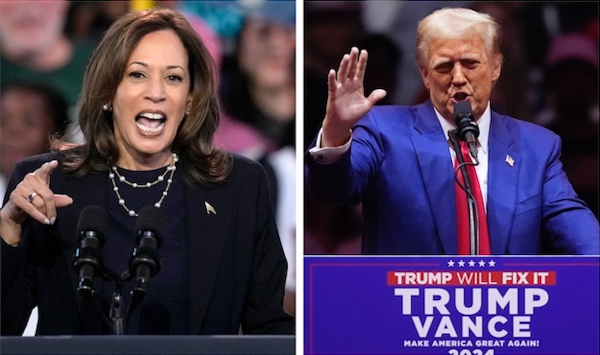 Democratic presidential nominee Vice President Kamala Harris, left, speaks at a community rally in Philadelphia on Oct. 27, 2024, while Republican nominee former President Donald Trump, right, addresses supporters at Madison Square Garden in New York on the same day. (AP Photos: Matt Rourke, Evan Vucci)