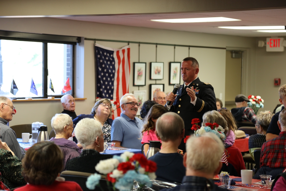 Retired U.S. Army Captain Matt Partyka was the speaker at a Veterans Breakfast hosted at the Eden Prairie Senior Center earlier this month. Photos by Maxwell Mars