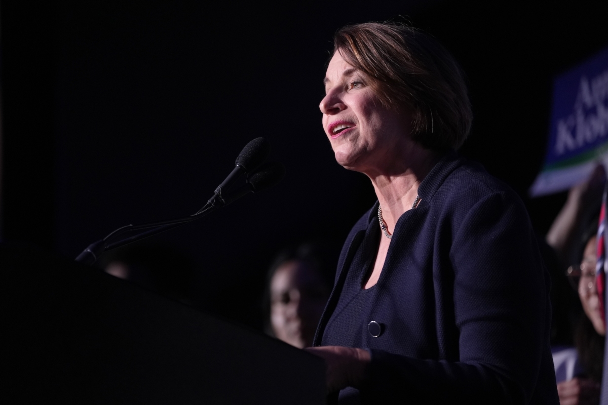 Sen. Amy Klobuchar speaks at the DFL election night watch party, Tuesday, Nov. 5, 2024, in St. Paul, Minn. (AP Photo/Abbie Parr)