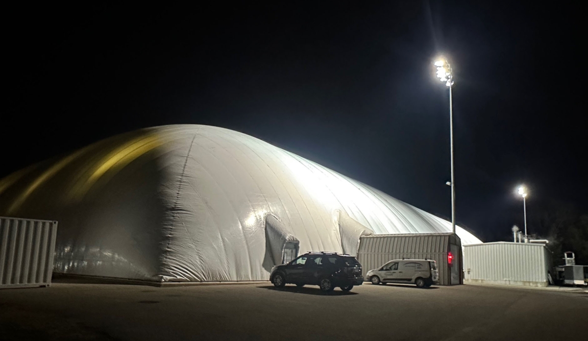 The Prairie Dome was partially deflated Tuesday night after a portion of the east wall tore, but the structure remained standing at 8 p.m. Photo by Jim Bayer