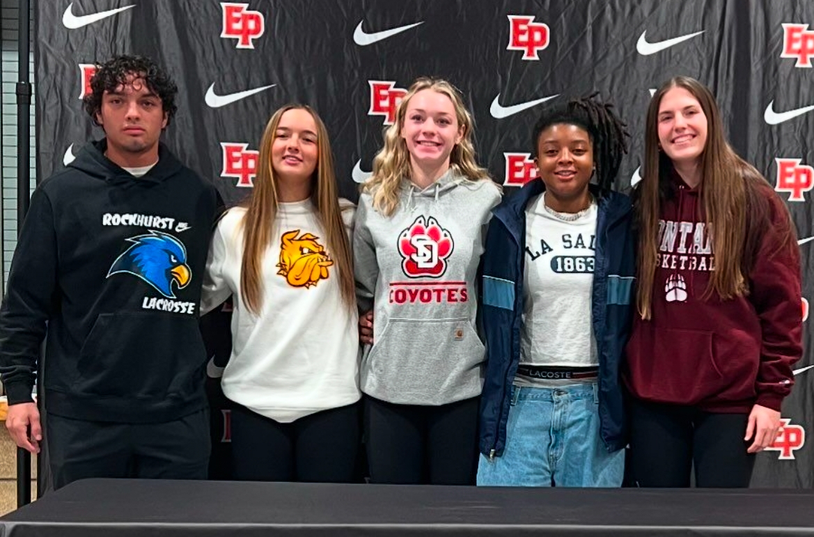 EPHS student-athletes Isaiah Hazenkamp, Maya Miller, Tori Schlagel, Ella Hardwick, and Rae Ehrman. Photo by Eden Prairie Schools