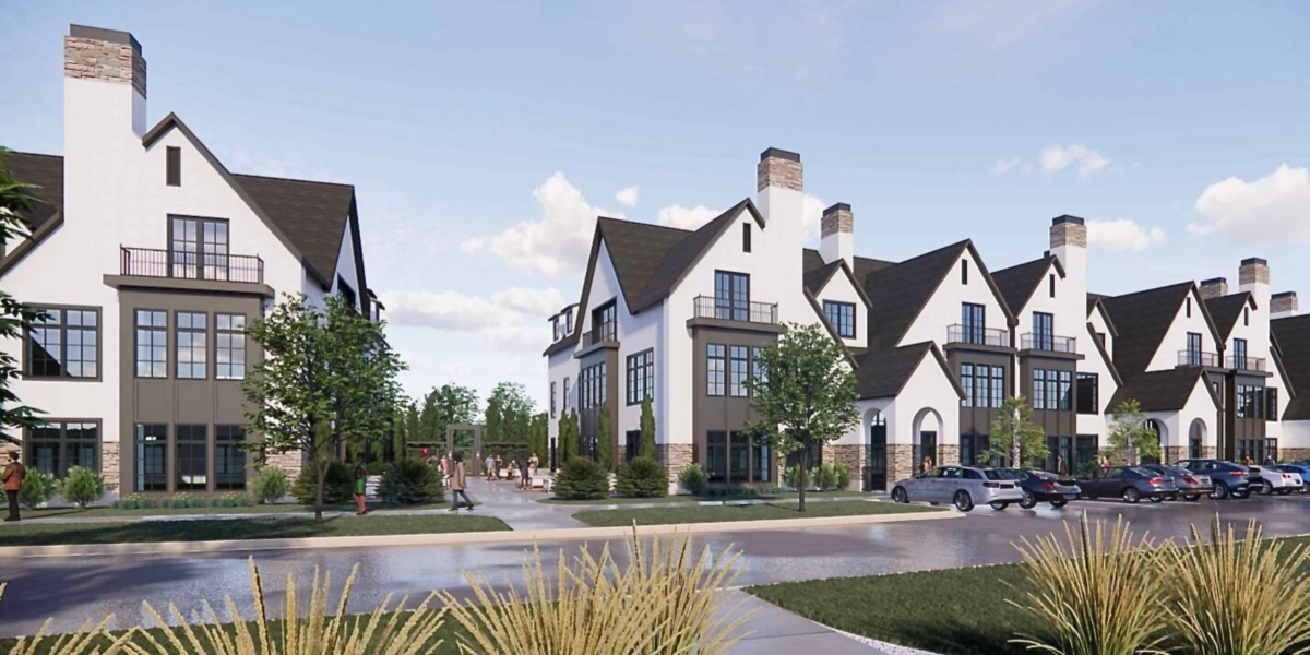 Marshall Gardens would include 15 single-family homes and 100 townhomes, shown here in architectural renderings provided by the developer. The peaks and gables are designed to give the townhomes the appearance of single-family homes rather than flat-roofed multi-family housing.