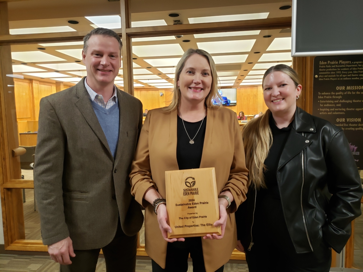 United Properties’ The Ellie received a 2024 Sustainable Eden Prairie Award in the Water category for its water-saving efforts. Representing United Properties are (from left) Eric Stephens, Carrie Eggleston, and Janelle MacLean. Photos by Renee Rushdy